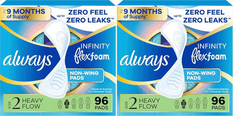 Always Infinity Feminine Pads for Women, Flexfoam Pads Without Wings, Size 2, Heavy Absorbency, Unscented, 96 Count (Pack of 2)