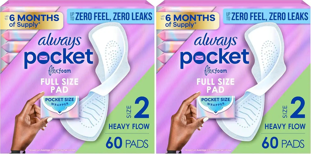 Always Pocket Feminine Pads with FlexFoam,Size 2,Heavy Flow,with Wings,Unscented,60 Count (Pack of 2)