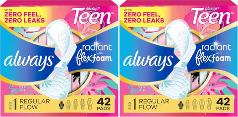 Always Radiant Teen Pads, Size 1, Regular, with Wings, Unscented, 42 Count (Pack of 2)