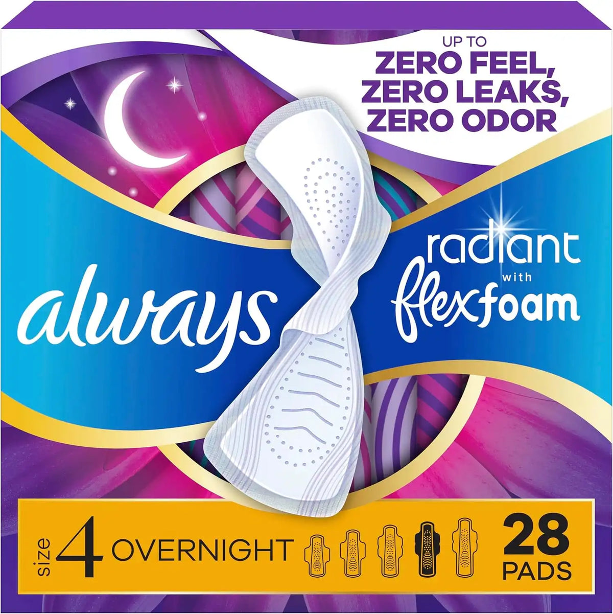 Always Radiant Feminine Pads for Women, Flexfoam Pads with Wings, Size 4, Overnight Absorbency, Lightly Scented, 28 Count