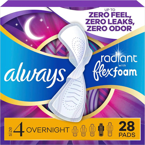 Always Radiant Feminine Pads for Women, Flexfoam Pads with Wings, Size 4, Overnight Absorbency, Lightly Scented, 28 Count
