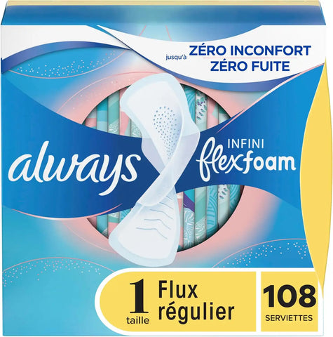 Always Infinity Feminine Pads for Women, Size 1 Regular, with Wings, unscented, 108ct
