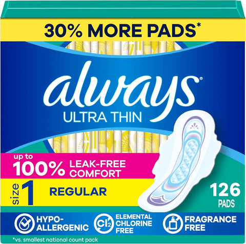 Always Ultra Thin Feminine Pads with Wings for Women, Size 1, Regular Absorbency, Unscented, Up to 100% Leak-Free Protection, 126 Count
