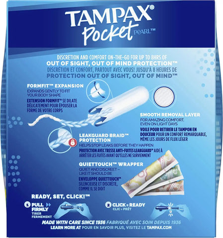 Tampax Pocket Pearl Tampons Regular Absorbency with LeakGuard Braid, Unscented, 16 Count (Pack of 2)