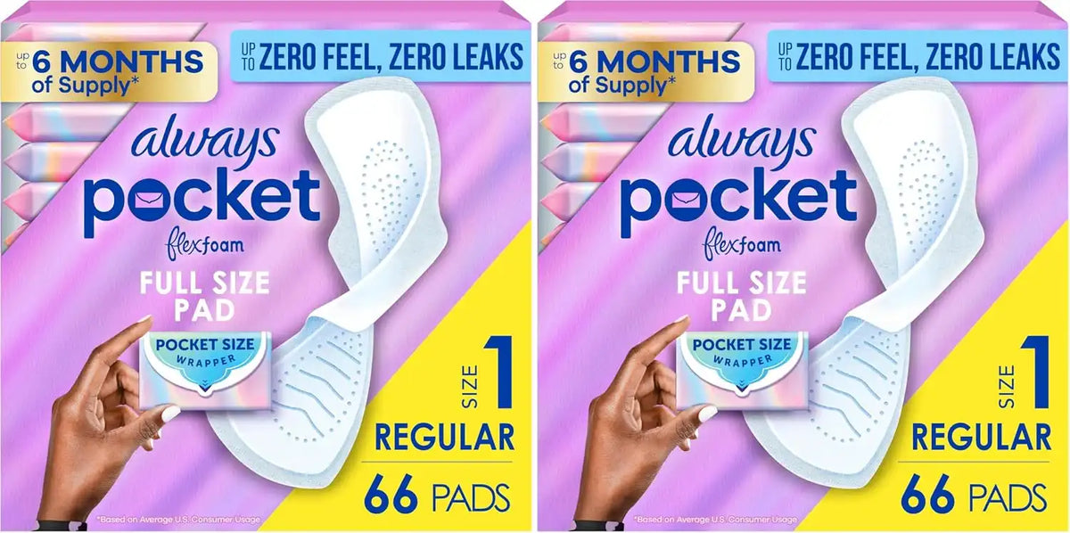 Always Pocket Feminine Pads with FlexFoam,Size 1,Regular,with Wings,Unscented,66 Count (Pack of 2)