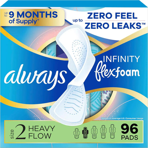 Always Infinity Feminine Pads for Women, Flexfoam Pads with Wings, Size 2, Heavy Absorbency, Unscented, 96 Count (3 Packs of 32)