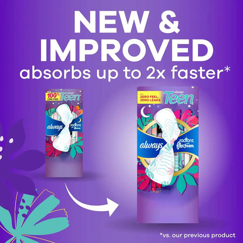 Always Radiant Teen with FlexFoam Pads, Size 4, Overnight Absorbency, with Wings, Unscented, Up to Zero leaks, Zero Feel Protection, 18 Count