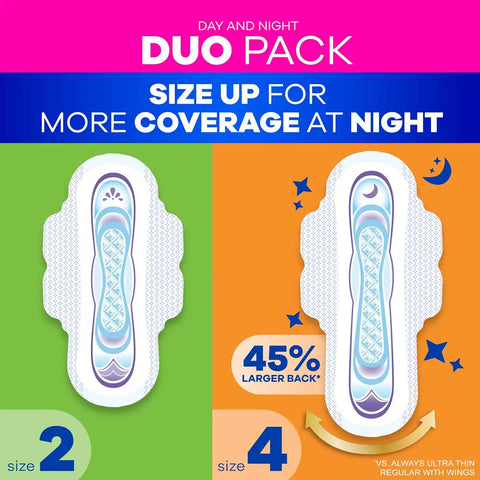 Always Ultra Thin Pads Duo Pack, Feminine Pads with Wings for Women, Size 2 Long Super and 4 Overnight Absorbency, Unscented, Up to 100% Leak-Free Protection, 44 CT