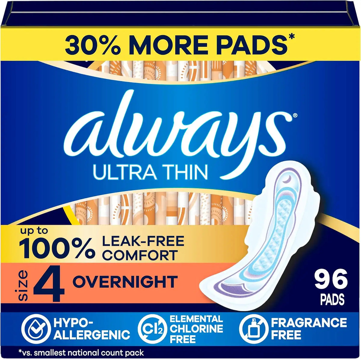 Always Ultra Thin Feminine Pads with Wings for Women, Size 4, Overnight Absorbency, Unscented, Up to 100% Leak-Free Comfort, 96 Count