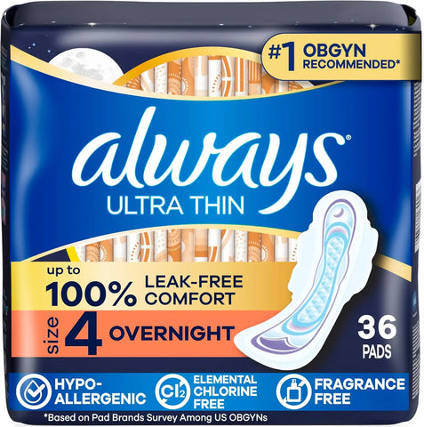 Always Ultra Thin Feminine Pads with Wings for Women, Size 4, Overnight Absorbency, Unscented, Up to 100% Leak-Free Comfort, 36 Count
