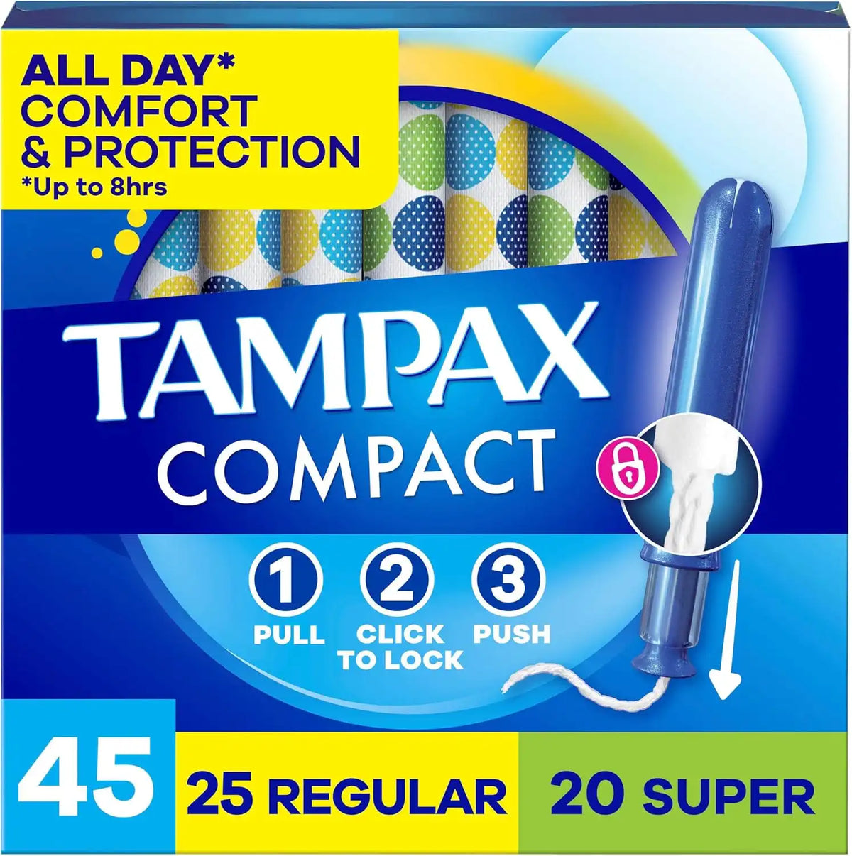 Tampax Compact Pearl Tampons for Women Multipack, with LeakGuard Braid & Extendable Applicator, Regular/Super Absorbency, Compact Extendable Applicator, Unscented, 45 Count