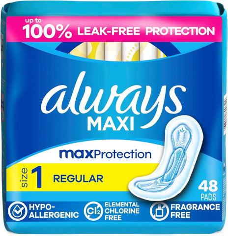 Always Maxi Feminine Pads Without Wings for Women, Size 1, Regular Absorbency, Unscented 48 Count