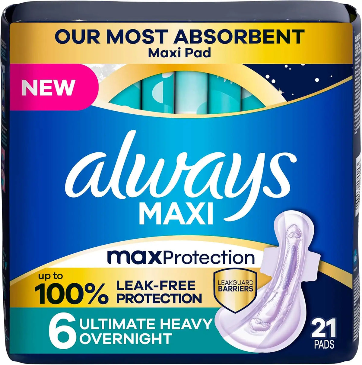 Always Maxi Overnight Feminine Pads with Wings for Women, Size 6, Ultimate Heavy Overnight Absorbency, Unscented, Up to 100% Leak-Free Protection, 21 Count
