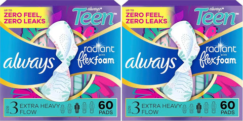 Always Radiant Teen Pads, Size 3, Extra Heavy, with Wings, Unscented,60 Count (Pack of 2)