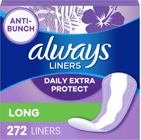 Always Panty Liners for Women Anti-Bunch Xtra Protection Daily Liners, Long, Unscented, 136 Count x 2 (272 Total)