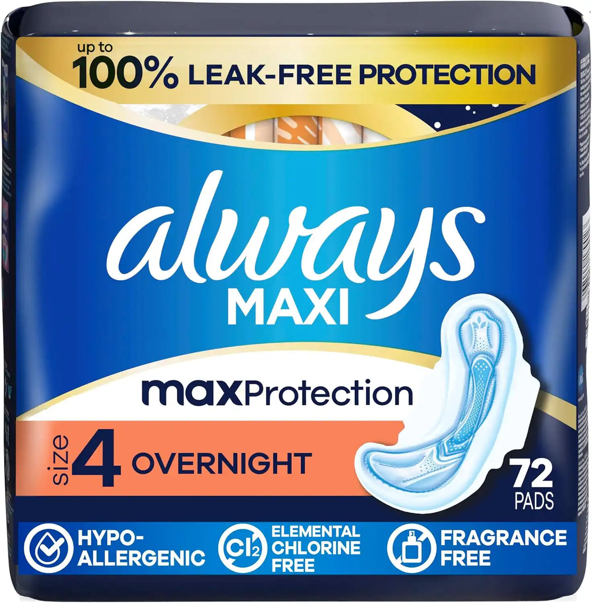 Always Maxi Overnight Feminine Pads with Wings for Women, Size 4, Overnight Absorbency, Unscented, Up to 100% Leak-Free Protection, 72 Count