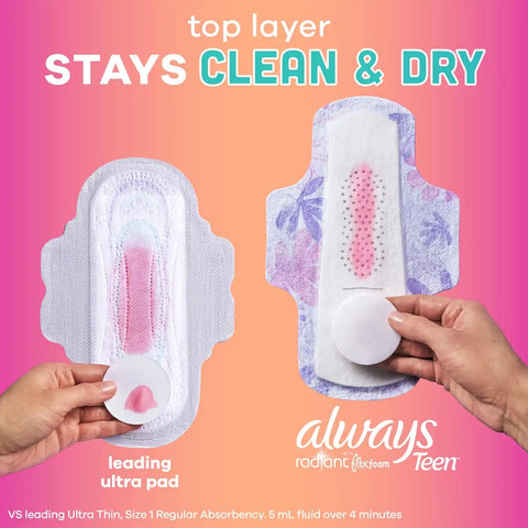 Always Radiant Teen Pads, Size 1, Regular, with Wings, Unscented, 126 Count, Pakc of 3