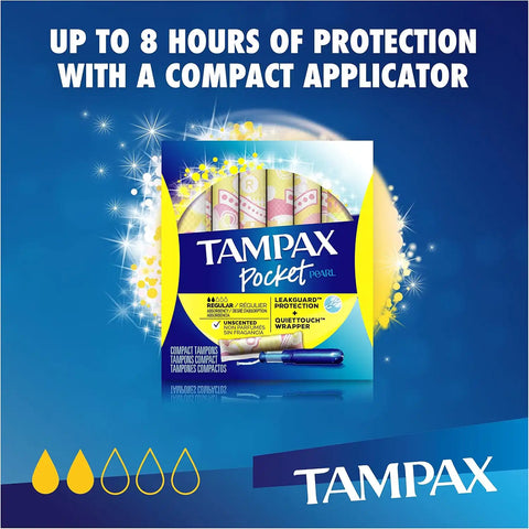 Tampax Pocket Pearl Tampons Regular Absorbency with LeakGuard Braid, Unscented, 16 Count (Pack of 2)