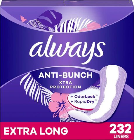 Always Panty Liners for Women Anti-Bunch Xtra Protection Daily Liners, Extra Long, Unscented, 116 Count x 2 (232 Total)