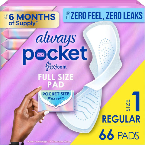 Always Pocket Feminine Pads with FlexFoam, Size 1, Regular, with Wings, Unscented, 66 Count (3 Packs of 22)