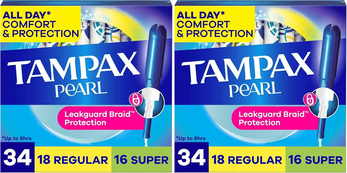 Tampax Pearl Tampons, Regular/Super Absorbency | Unscented | Leakguard Braid | 34 Count | Pack of 2