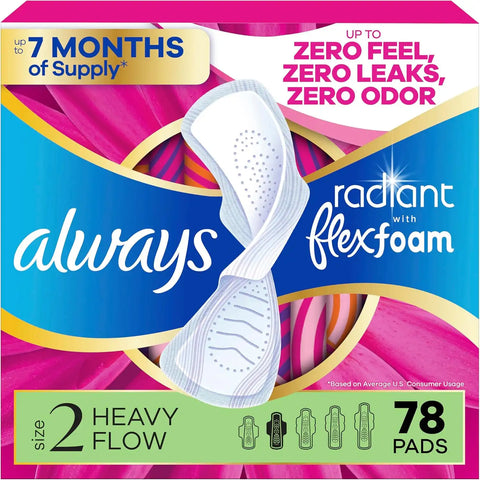 Always Radiant Feminine Pads for Women, Flexfoam Pads with Wings, Size 2, Heavy Absorbency, Lightly Scented, 78 Count (3 Packs of 26)