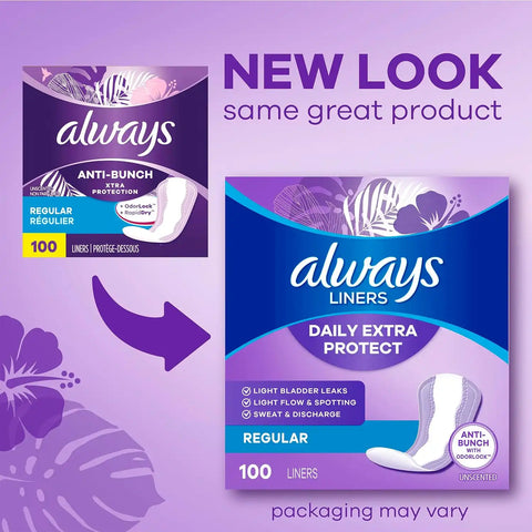 Always Panty Liners for Women Anti-Bunch Xtra Protection Daily Liners, Long, Unscented 108 Count (Pack of 4)