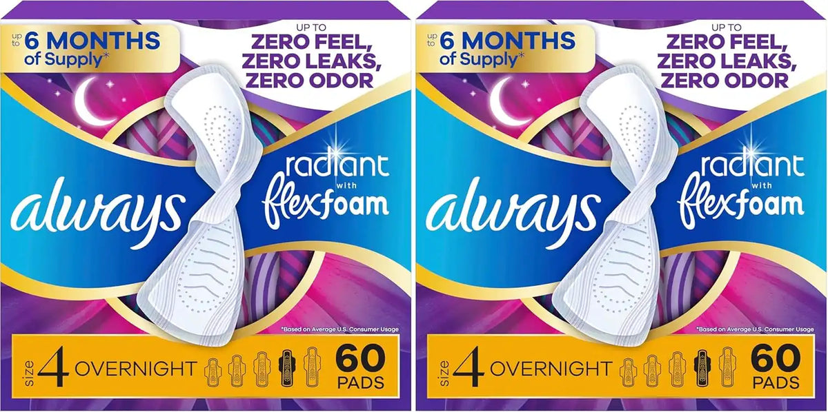Always Radiant Feminine Pads for Women, Flexfoam Pads with Wings, Size 4, Overnight Absorbency, Lightly Scented, 60 Count (Pack of 2)