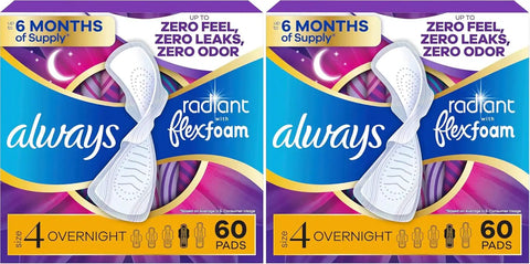 Always Radiant Feminine Pads for Women, Flexfoam Pads with Wings, Size 4, Overnight Absorbency, Lightly Scented, 60 Count (Pack of 2)
