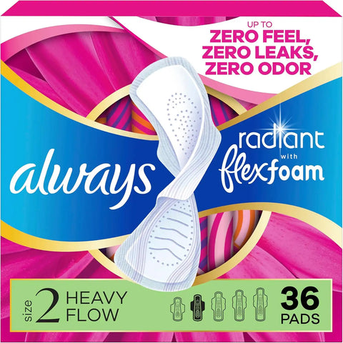 Always Radiant Feminine Pads for Women, Flexfoam Pads with Wings, Size 2, Heavy Absorbency, Lightly Scented, 36 Count