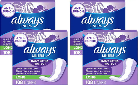 Always Panty Liners for Women Anti-Bunch Xtra Protection Daily Liners, Long, Unscented 108 Count (Pack of 4)