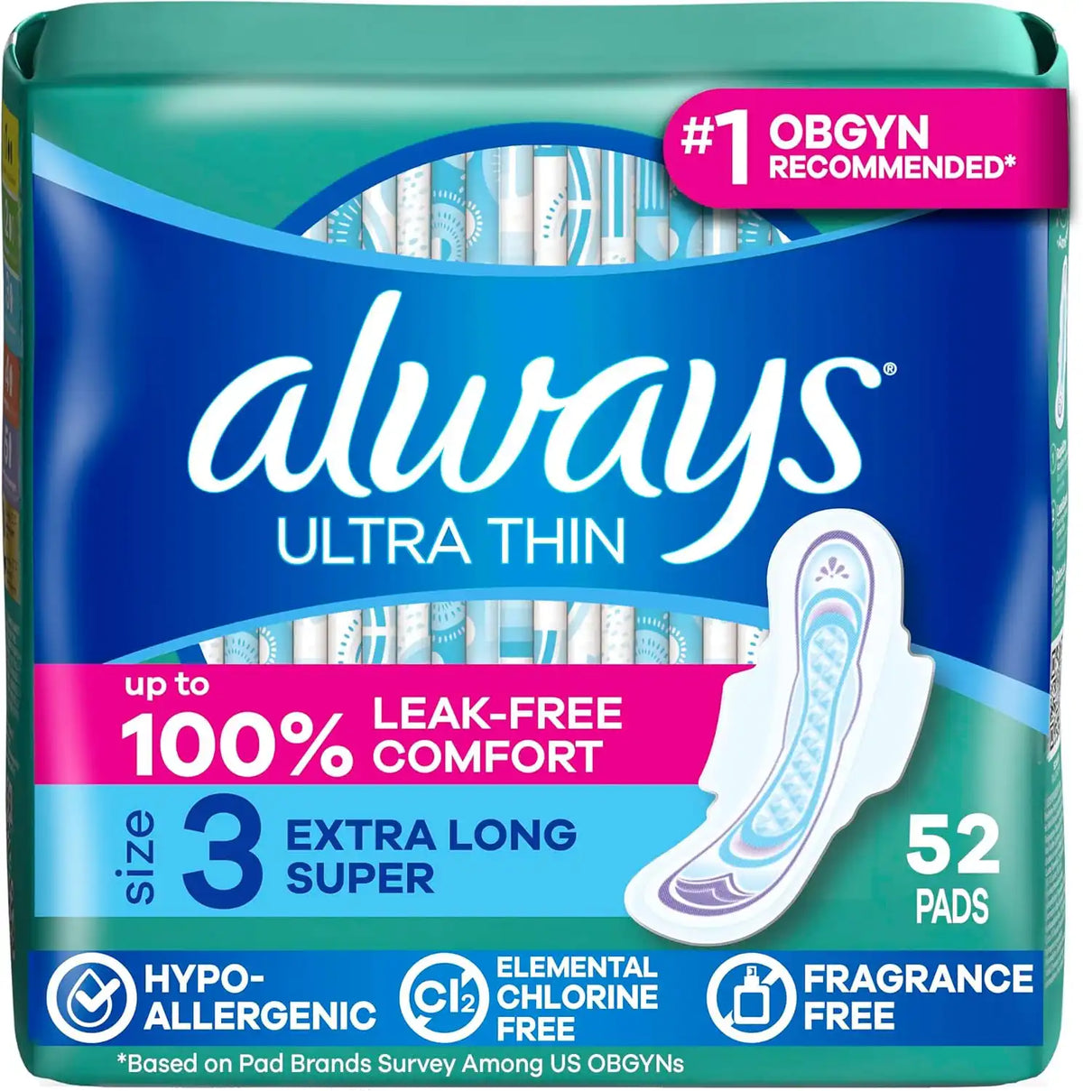 Always Ultra Thin Feminine Pads with Wings for Women, Size 3, Extra Long Super Absorbency, Unscented, Up to 100% Leak-Free Protection, 52 Count
