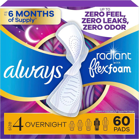 Always Radiant Feminine Pads for Women, Flexfoam Pads with Wings, Size 4, Overnight Absorbency, Lightly Scented, 60 Count (3 Packs of 20)