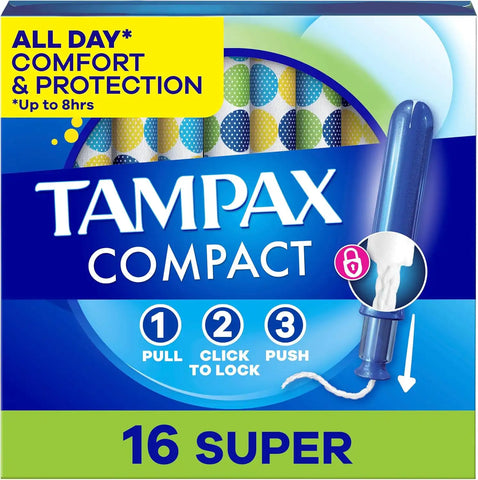 Tampax Compact Pearl Tampons, with LeakGuard Braid & Extendable Applicator, Super Absorbency, Compact Extendable Applicator, Unscented, 16 Count (Packaging May Vary)