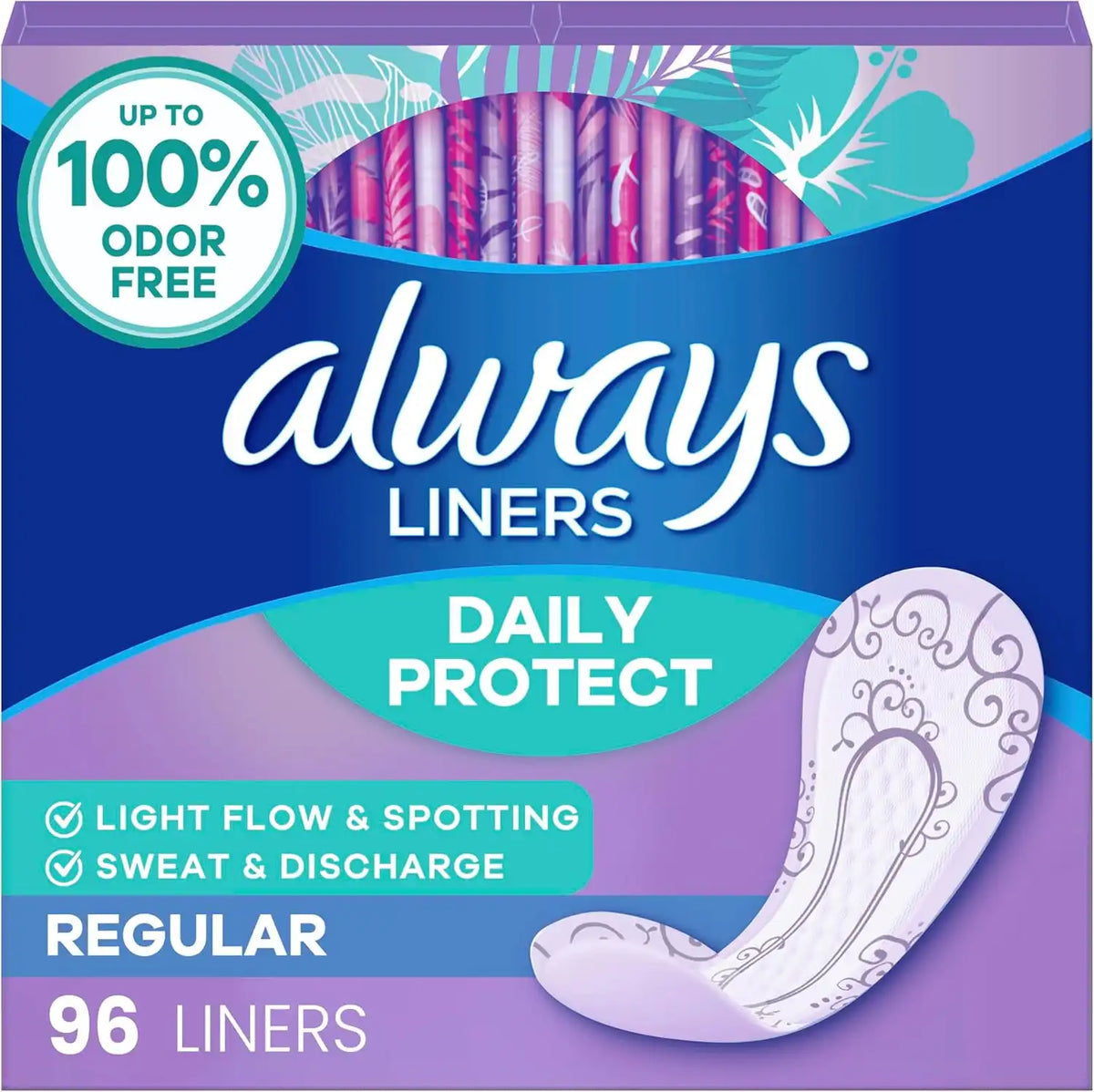 Always Daily Protect Liners, Regular Length, Unscented, 382 Count Total (96 Count x 4 Packs)