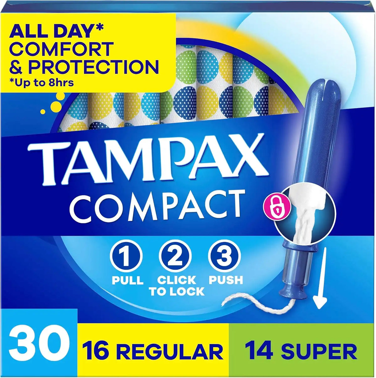 Tampax Compact Pearl Tampons Multipack, with LeakGuard Braid & Extendable Applicator, Regular/Super Absorbency, Compact Extendable Applicator, Unscented, 30 Count