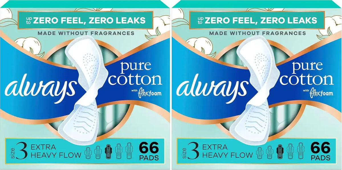 Always Pure Cotton Feminine Pads for Women, FlexFoam Pads with Wings, Size 3, Extra Heavy Flow Absorbency, Unscented, 66 Count (Pack of 2)
