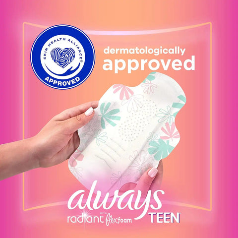 Always Radiant Teen Pads, Size 1, Regular, with Wings, Unscented, 42 Count (Pack of 2)