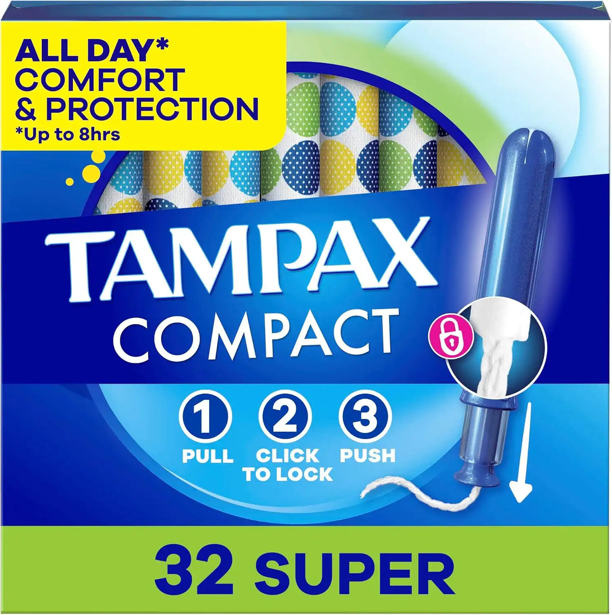 Tampax Compact Pearl Tampons for Women, with LeakGuard Braid & Extendable Applicator, Super Absorbency, Compact Extendable Applicator, Unscented, 32 Count