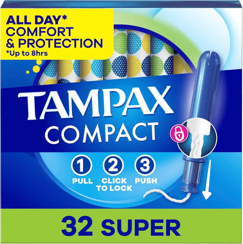 Tampax Compact Pearl Tampons for Women, with LeakGuard Braid & Extendable Applicator, Super Absorbency, Compact Extendable Applicator, Unscented, 32 Count