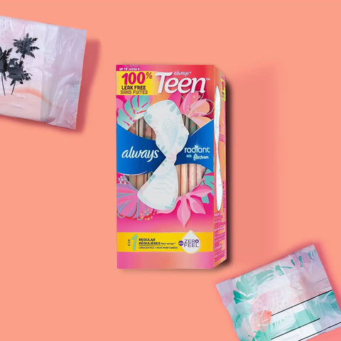 Always Radiant Teen Pads, Size 1, Regular, with Wings, Unscented, 42 Count (Pack of 2)