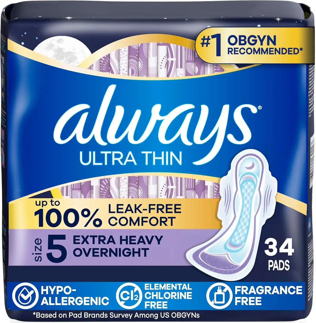Always Ultra Thin Feminine Pads with Wings for Women, Size 5, Extra Heavy Overnight Absorbency, Unscented, Up to 100% Leak-Free Comfort, 34 Count