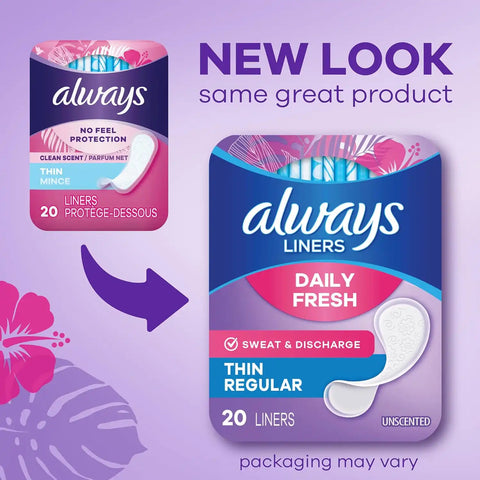 Always Daily Fresh Thin Liners, Regular Absorbency, Unscented Panty Liners, 864 Count, Pack of 4