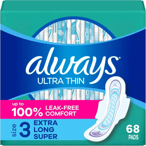 Always Ultra Thin Feminine Pads with Wings for Women, Size 3, Extra Long Super Absorbency, Unscented, Up to 100% Leak-Free Protection, 68 Count
