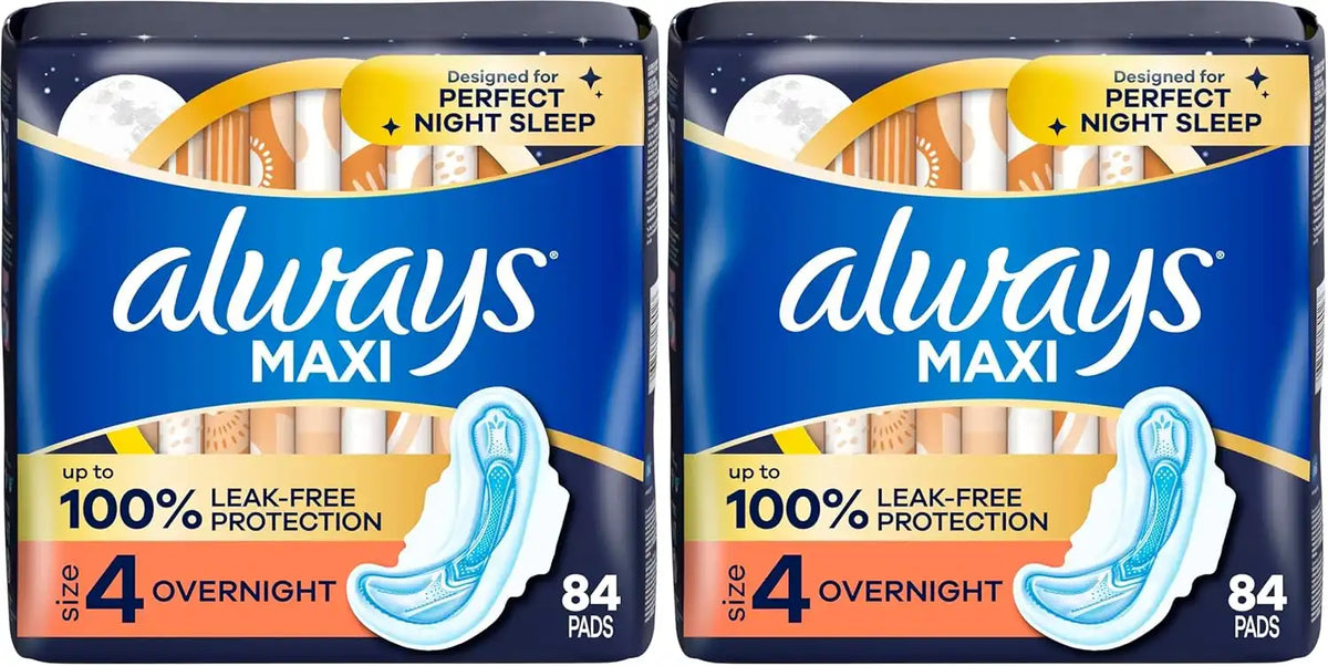 Always Maxi Overnight Pads with Wings for Women, Size 4, Overnight Absorbency, Unscented,84 Count (Pack of 2)