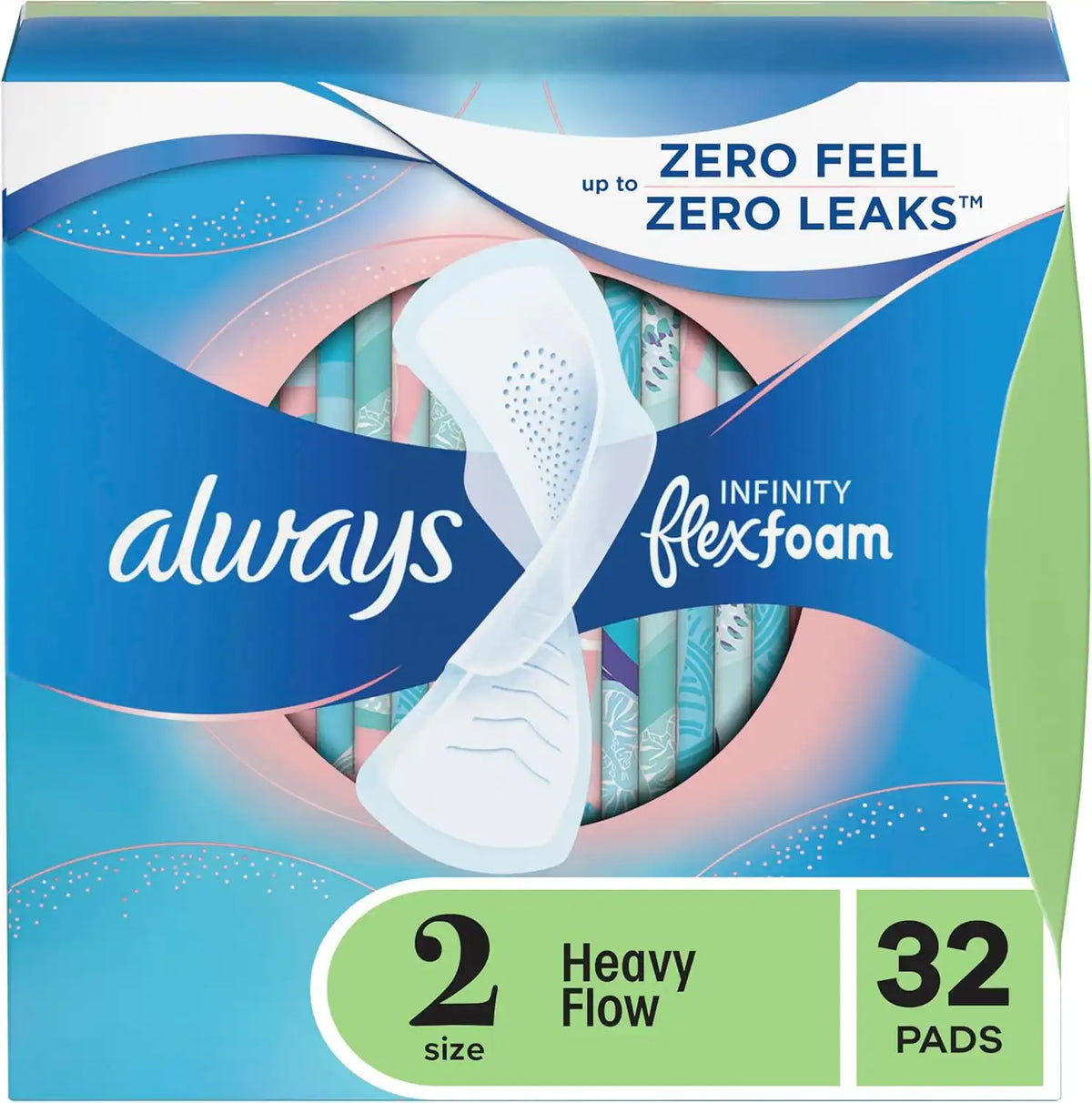 Always Infinity Feminine Pads for Women, Size 2 Heavy Flow Absorbency,with Flexfoam, with Wings, Unscented, 32 Count