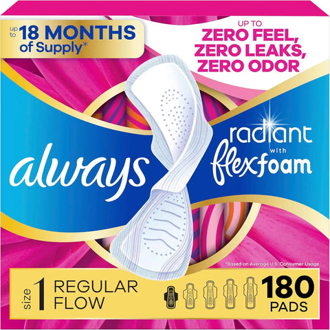 Always Radiant Feminine Pads for Women, Flexfoam Pads with Wings, Size 1, Regular Absorbency, Lightly Scented, 180 Count (6 Packs of 30)